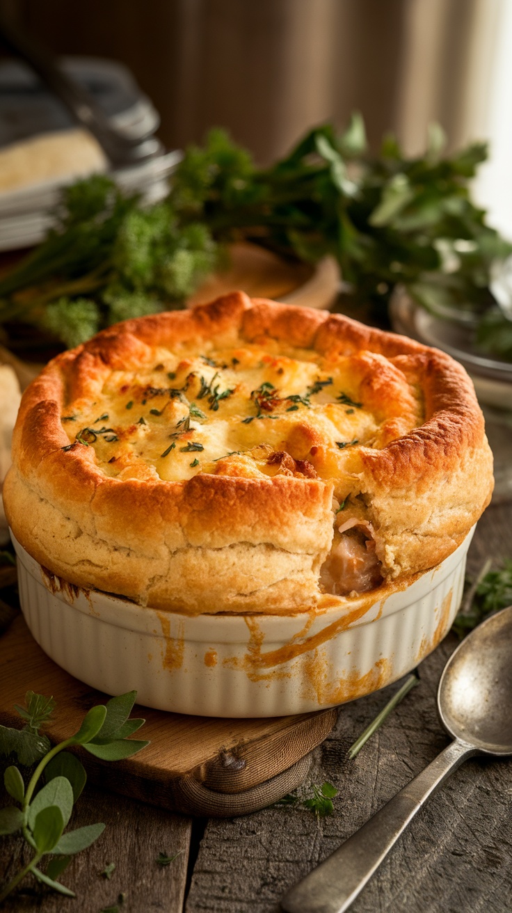 A delicious Cheesy Chicken Pot Pie Casserole with a golden biscuit topping, served on a wooden table.